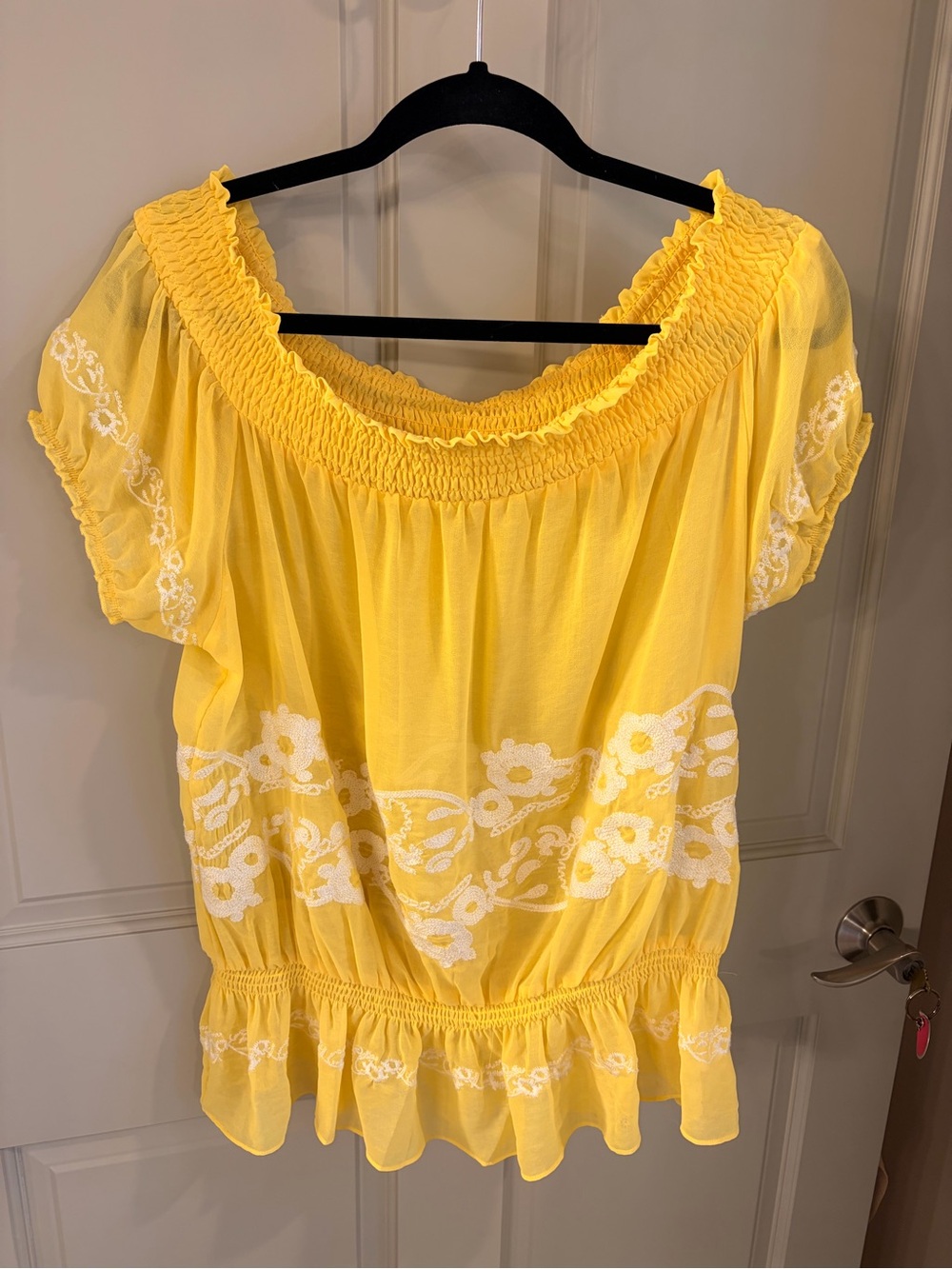 DO+BE Yellow Embroidered Off-Shoulder Peasant Blouse